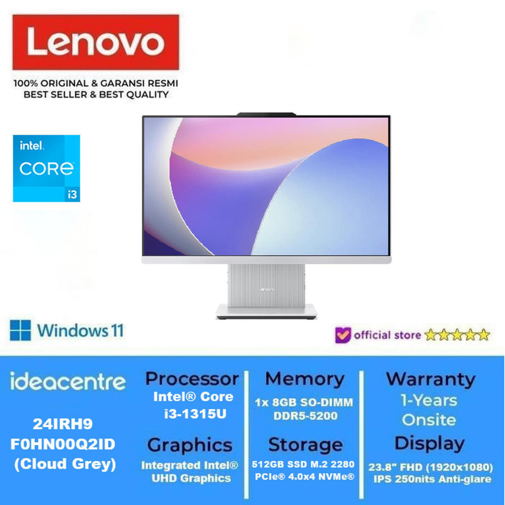 AIO LENOVO IdeaCentre 24IRH9 F0HN00Q2ID Core i3 1315U 8GB 512GB W11 Cloud Grey