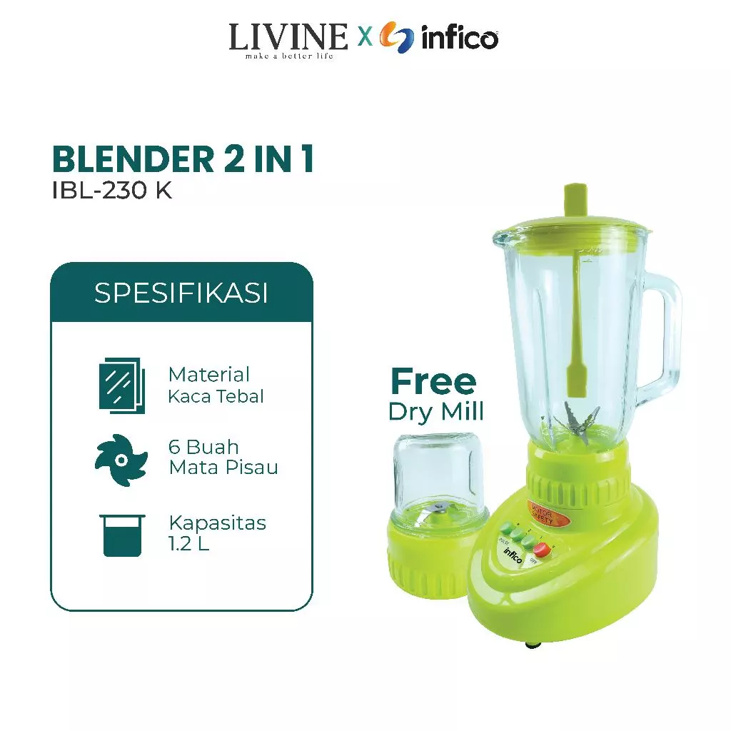 Infico Blender 1.2 Liter Duo 2 in 1 Buah & Bumbu Praktis / BLENDER PLASTIK - KACA IBL - 230