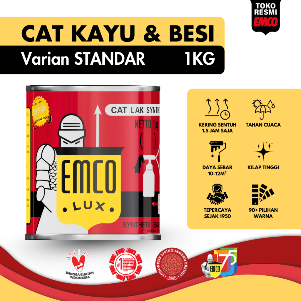 Emco Lux Cat Kayu & Besi 1kg - Warna Standar Gloss Kilap (lihat varian) 1 KG Hitam Putih Doff Coklat