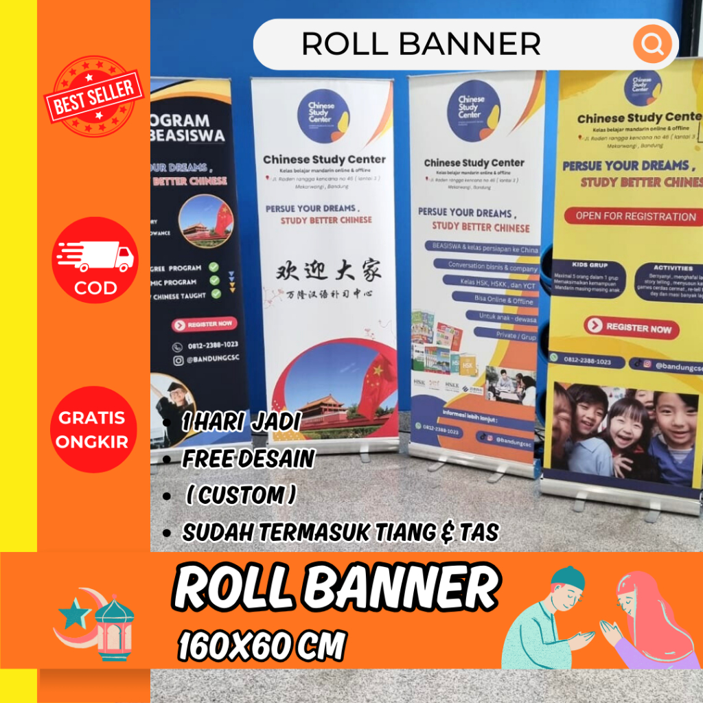 Roll Banner 60x160 80x200 Custom Cetak Full Color Bahan Albatros Flexi Standing Banner Promosi Event