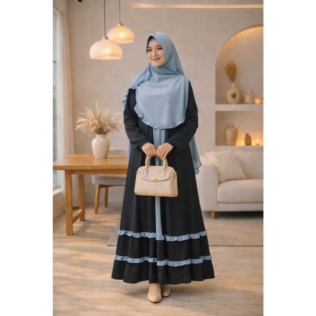Baru gamis Mayra set khimar By Zahin murah remaja lebaran kekinian polos navi Aluna Dress