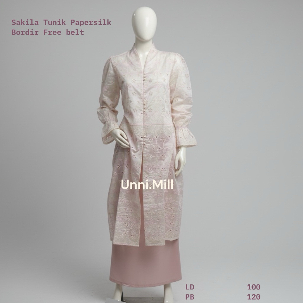 Syakila Tunik Bordir Bahan Papersilk Tunik Lebaran Wanita Muslim Lengan Panjang Tali pinggang