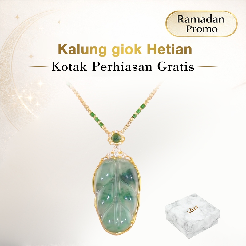 Kalung Hijab Liontin Batu Giok Hijau Desain Golden Leaf Mewah Aksesoris Fashion Lebaran  Kondangan  