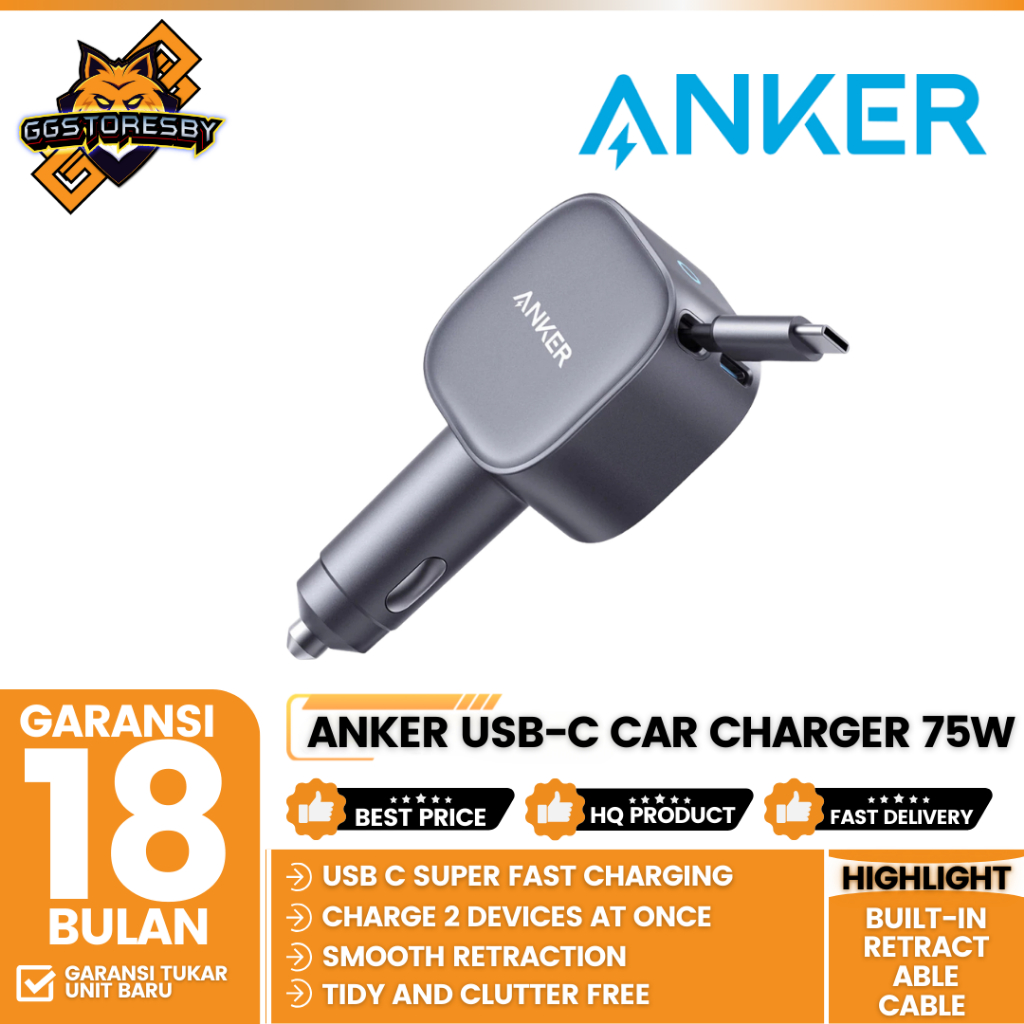 Anker USB-C Car Charger 75W Max Ultra-Compact Type-C Fast Car Charger with Built-in Retractable Cabl