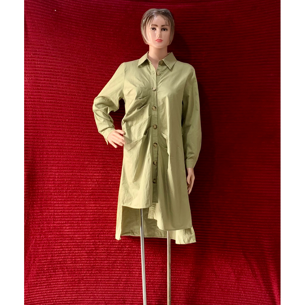 DRESS TUNIK KEMEJA WANITA SAGE KEKINIAN FASHIONALE CASUAL KANCING DEPAN