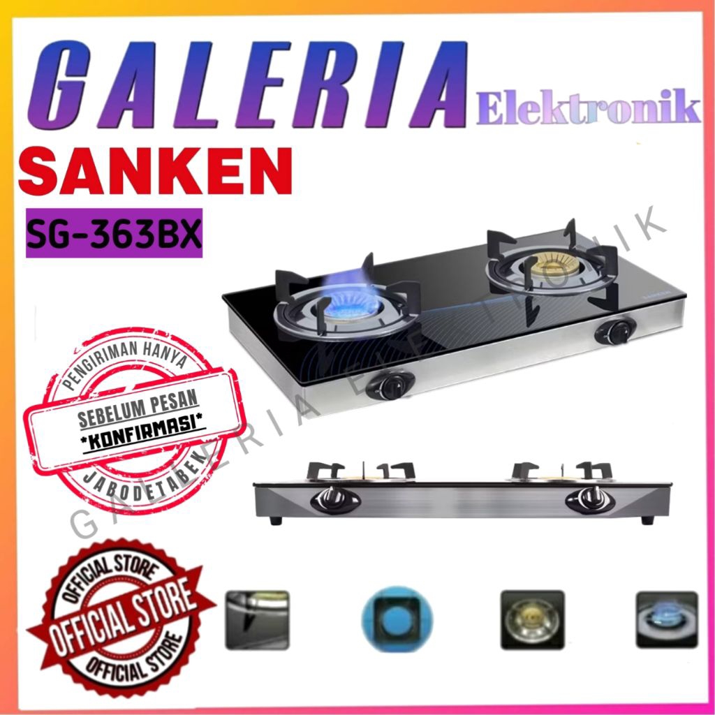 KOMPOR GAS KACA 2 TUNGKU MURAH SANKEN SG 363 BX / SG363BX / SG-363BX - TEMPERED GLASS
