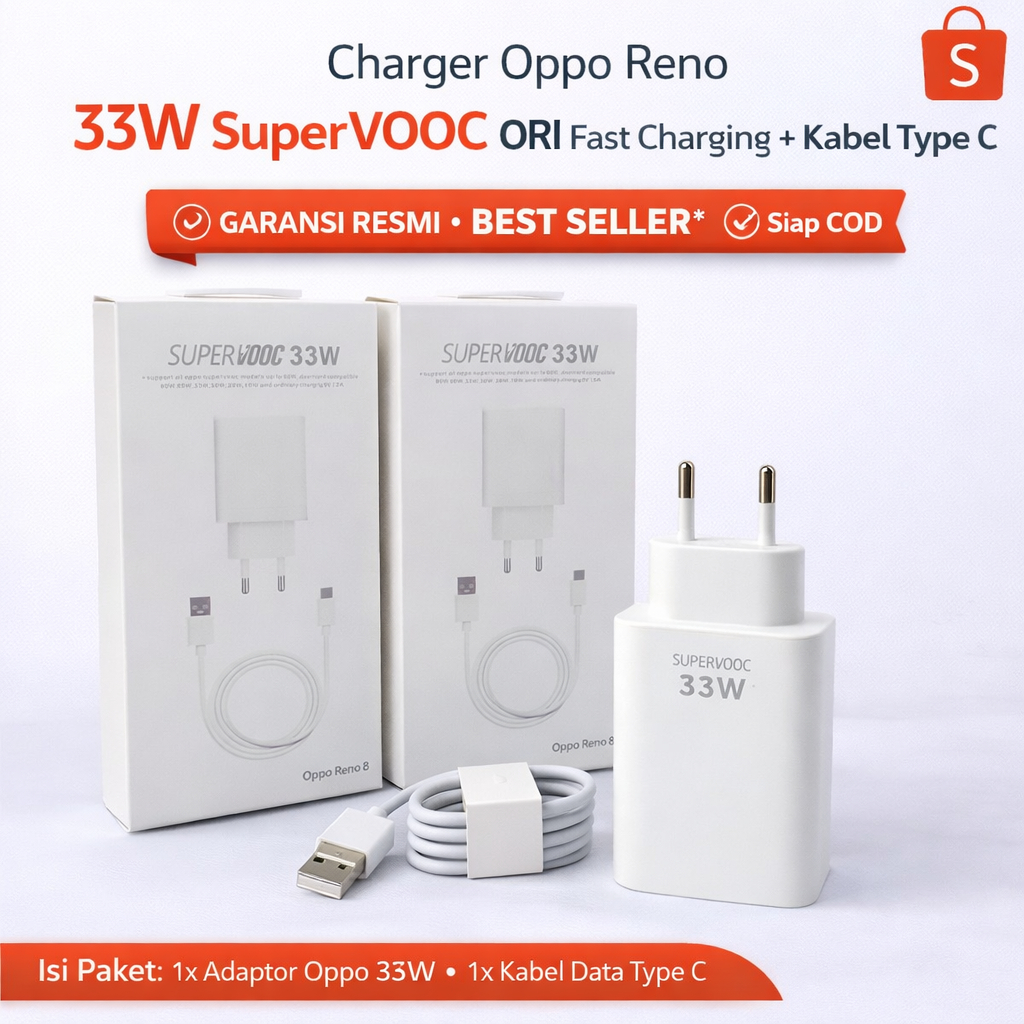 Charger Oppo Reno 33W SuperVOOC ORI Fast Charging + Kabel Type C | Adaptor Oppo 33 Watt Original Cha