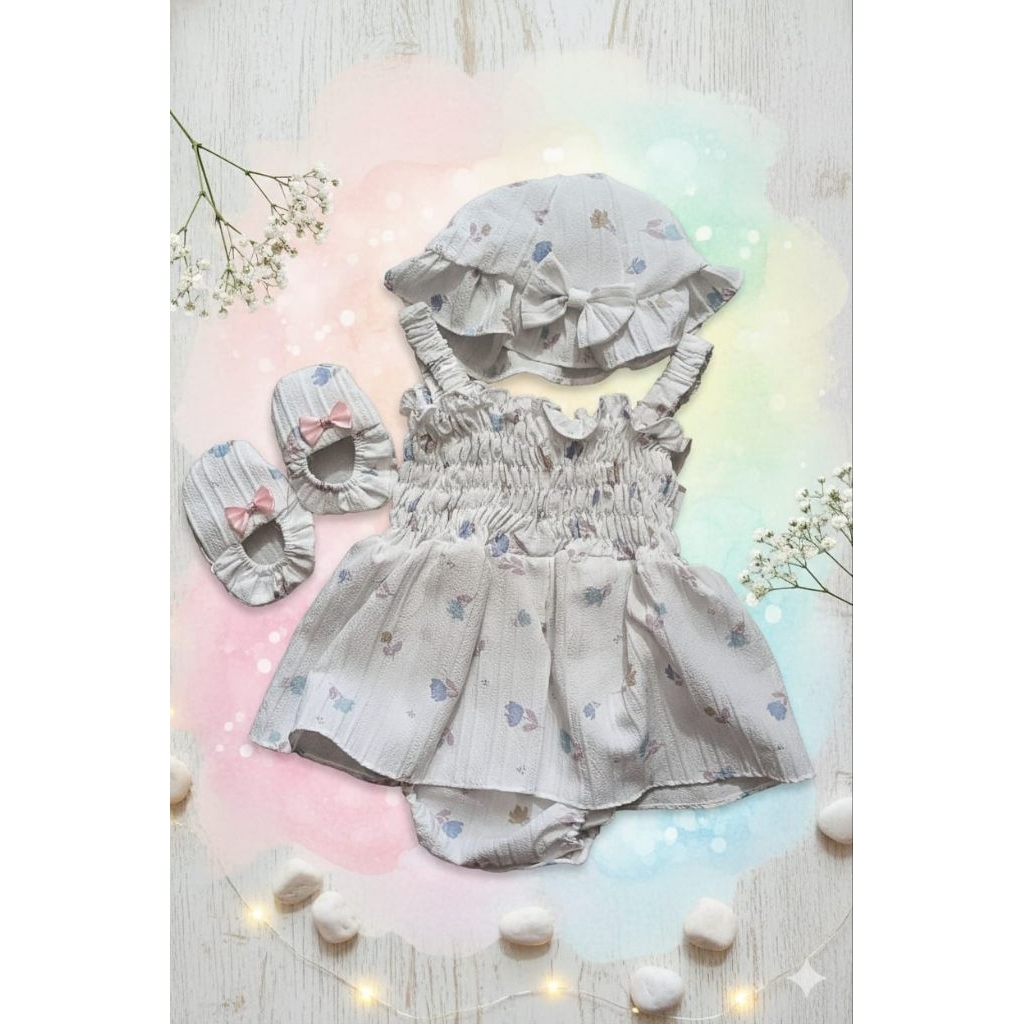 jumpsuit floral bayi perempuan set bando&sepatu