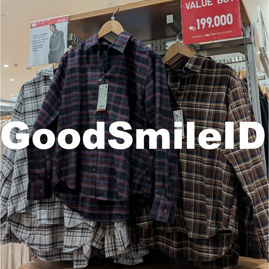 SALE!! Women Kemeja Flannel Lembut Kerah Skipper Lengan Panjang Motif Kotak Polos Blouse Blus Wanita