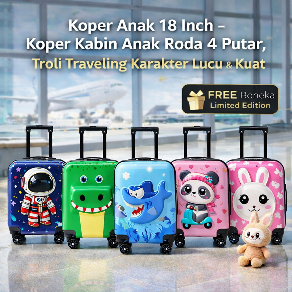 Koper Anak Troli 18 Inch Roda 360° Koper kabin karakter Lucu, Ringan, Cocok Travelling 92011