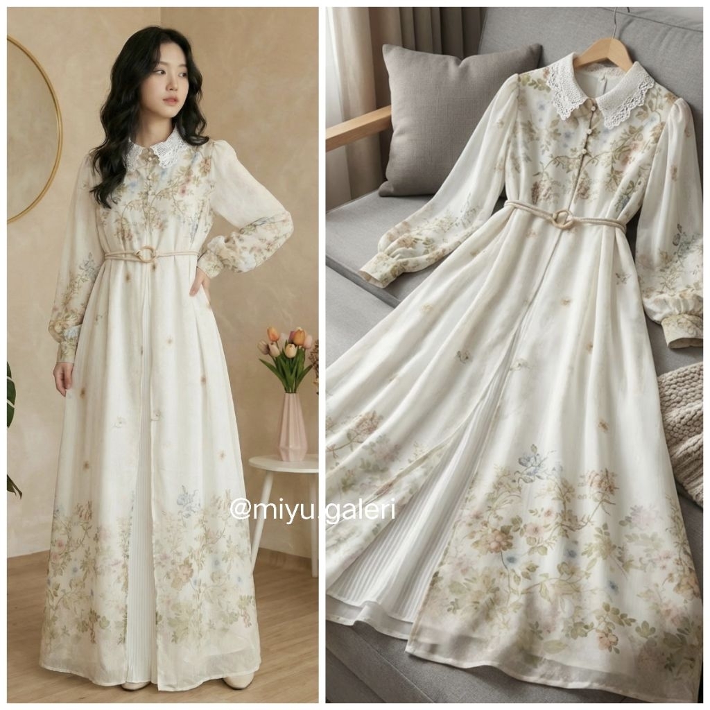 Gamis Ceruty Long Outer Motif Bunga Inner Plisket Kerah Renda Vintage Korean Free Belt