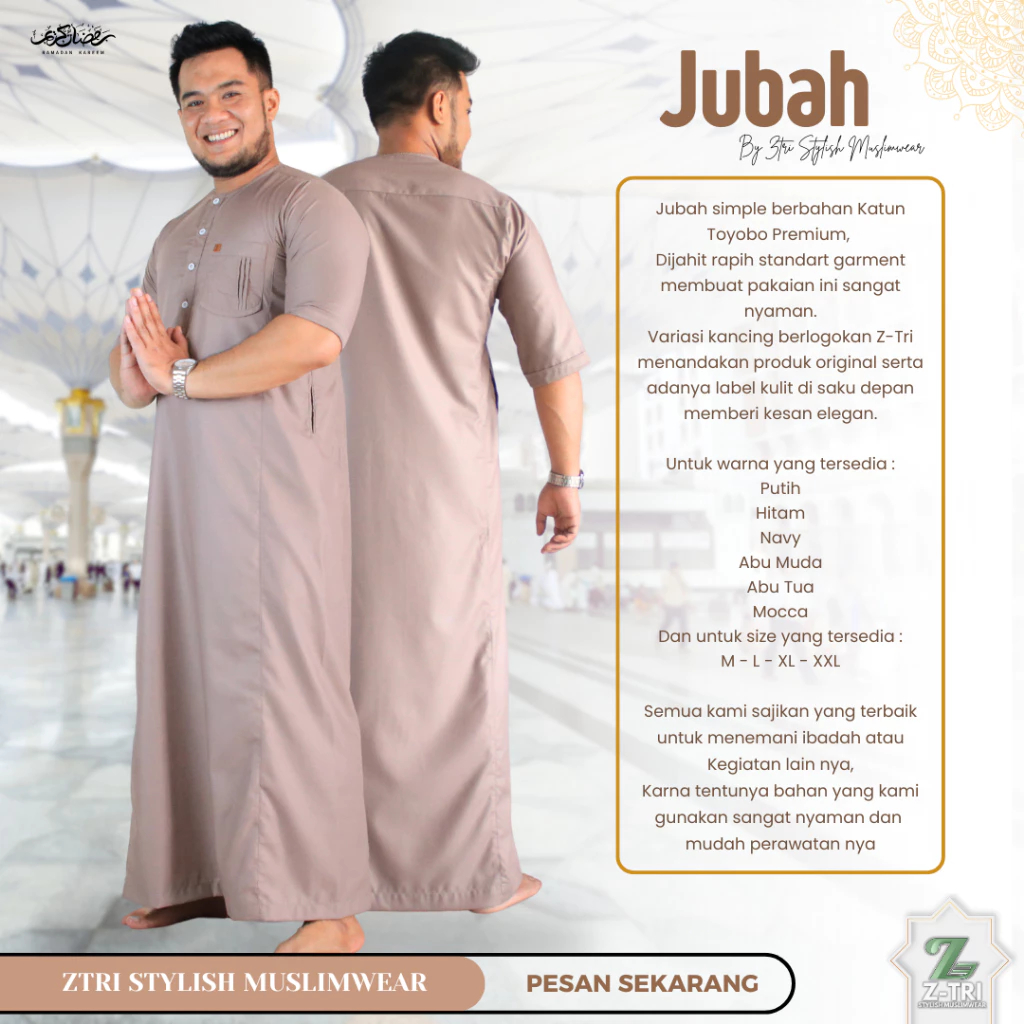 Jubah Pria Muslim Warna Mocca Lengan Pendek Bahan Katun Toyobo Premium