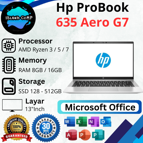 Hp Probook 635 Aero G7 AMD Ryzen 3 / 5 / 7 RAM 8GB / 16GB SSD 128GB / 256GB / 512GB Layar 13Inch FHD