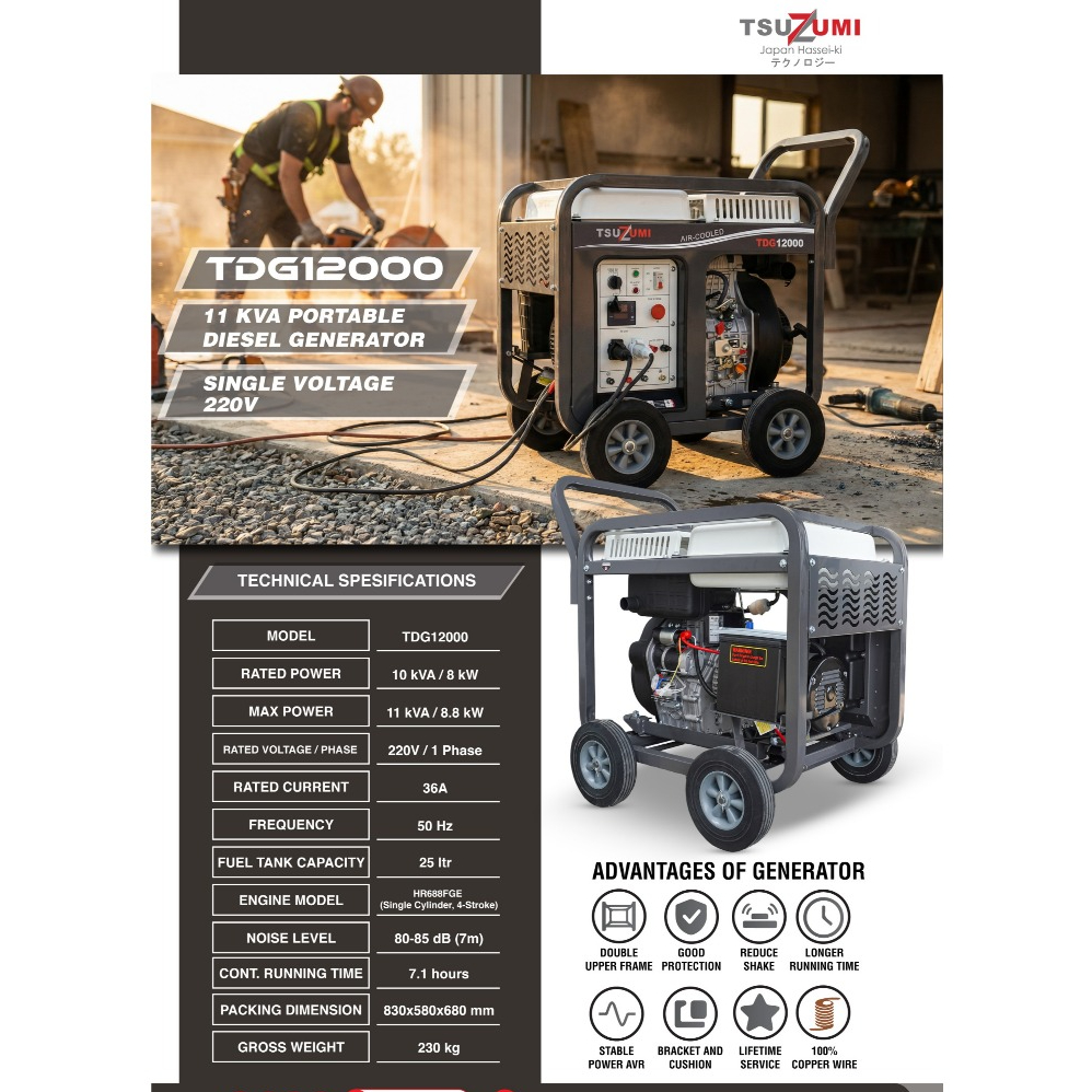 Tsuzumi TDG12000 Diesel Genset 10 Kva 220 Voltage - Genset Portable Solar
