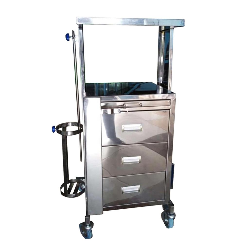Troli Emergency Full Stainless Steel dengan 3 Laci dan Tiang Infus Untuk Obat dan Perlengkapan Medis