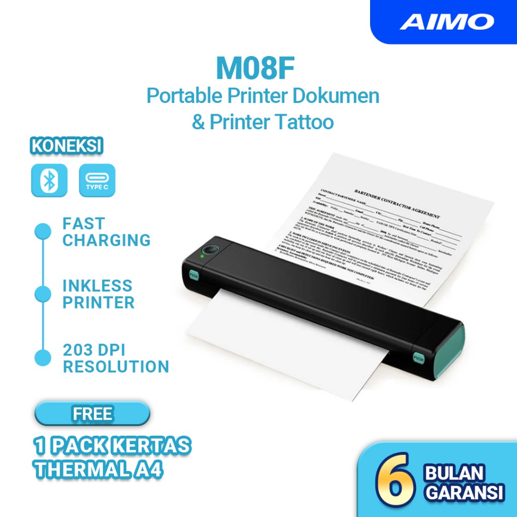 AIMO M08F Thermal Printer A4 HVS Tattoo Portable Wireless for Travel Printer Bluetooth Tanpa Tinta