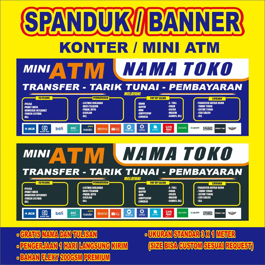 Spanduk Banner Konter Mini ATM Custom 3x1 Meter Bahan Flexy 200GSM Premium Gratis Nama dan Tulisan