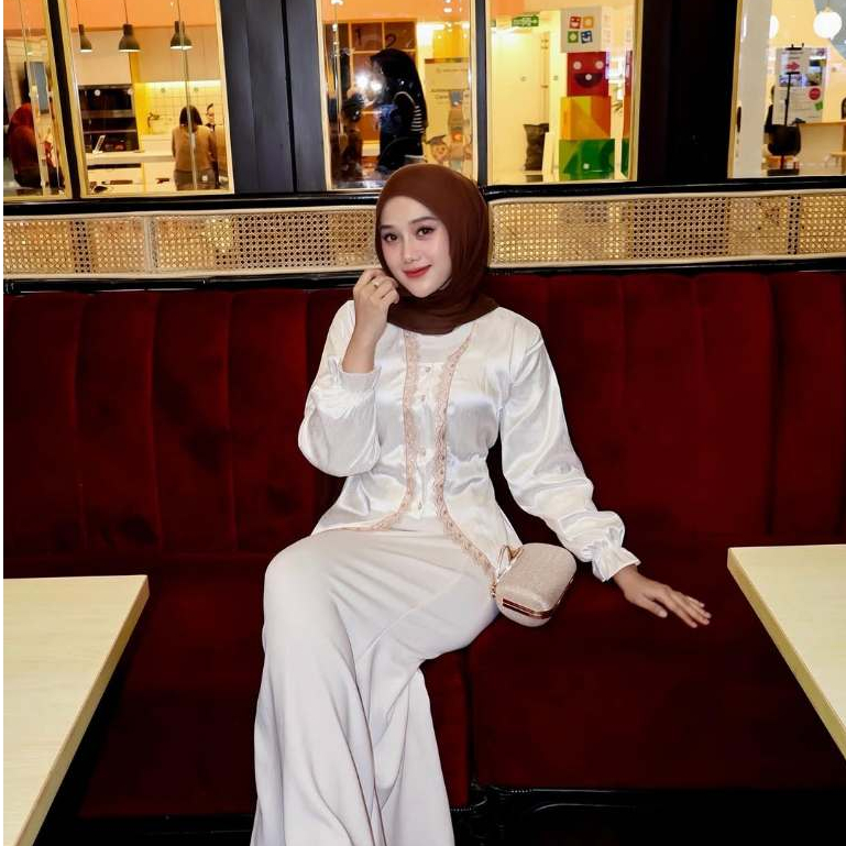 big promo pola wear tunik top armani slik atasan kombinasi renda elegant kancing mutiara humaira