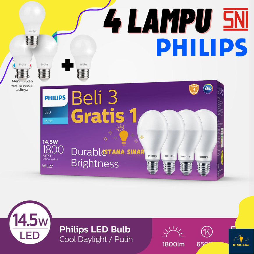 Philips Lampu LED 14. 5Watt, 14.5 W, 14.5 Watt, 14.5 W (1 paket isi 4PCS) Lampu LED Bulb Bohlam PHIL