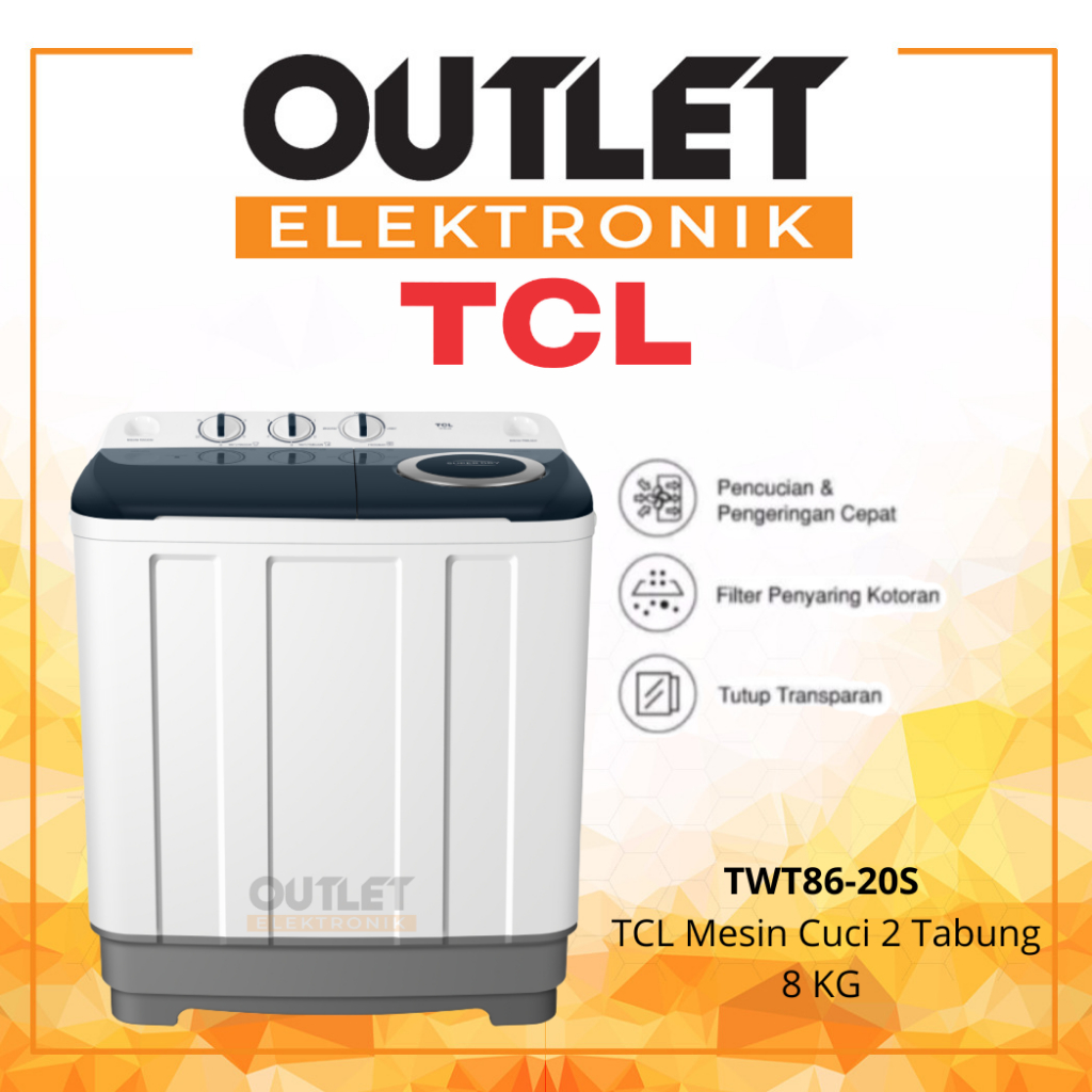 TCL Mesin Cuci 2 Tabung 8 KG TWT86-20S / TWT86 20S  - Twin Tub Smart Anti Karat & Hemat Daya