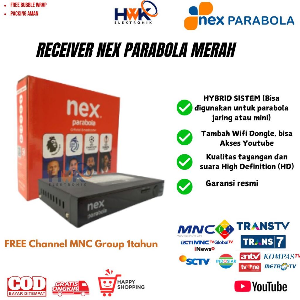 Receiver Nex Parabola Merah BONUS PAKET MNC GROUP 1TAHUN gratis program dan aktivasi Bisa Youtube