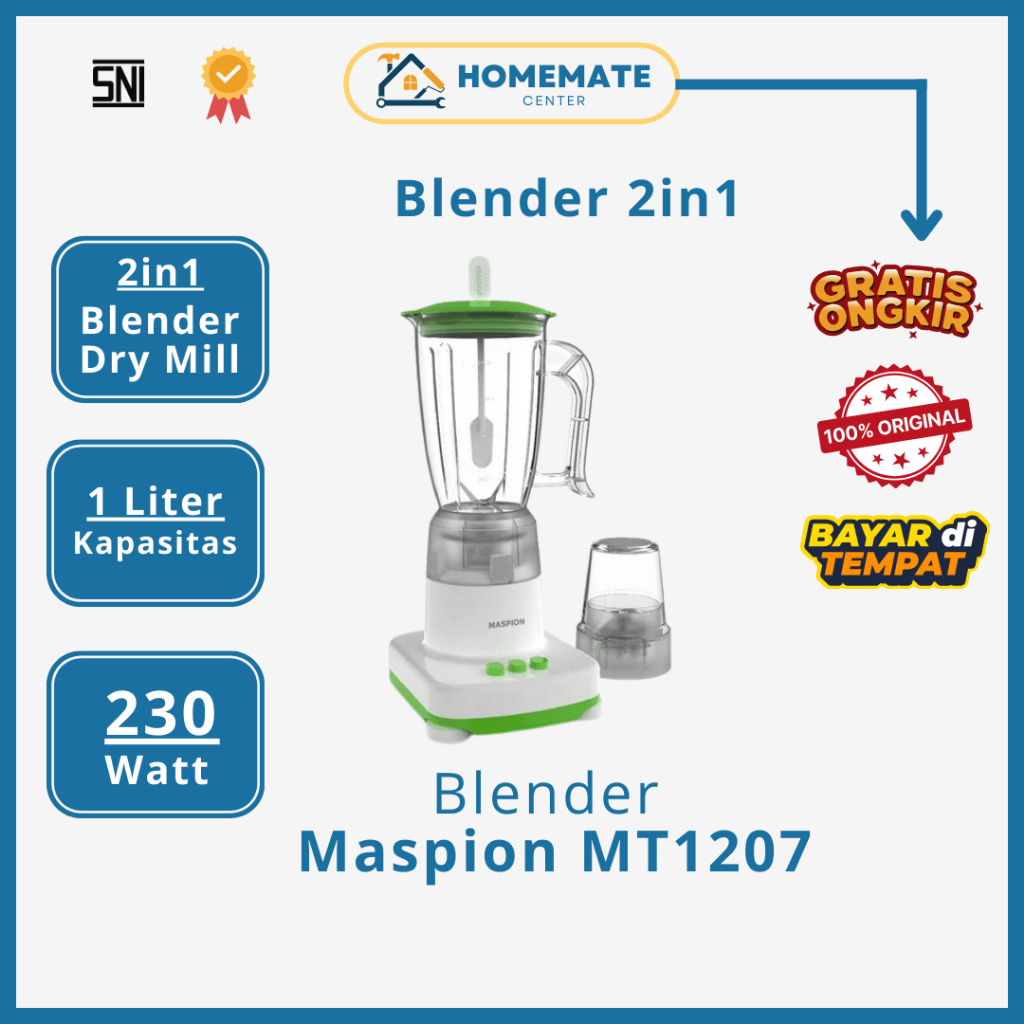 Blender Maspion MT1207 Kapasitas 1L + Penggiling Bumbu Kering - Blender Plastik Anti Pecah Aman Ther