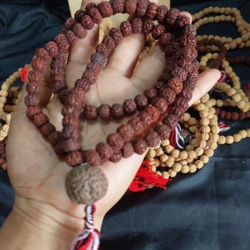 japamala rudraksa#kalung #108 butir#tasbih#original tanpa pewarna#tasel merah & tridatu