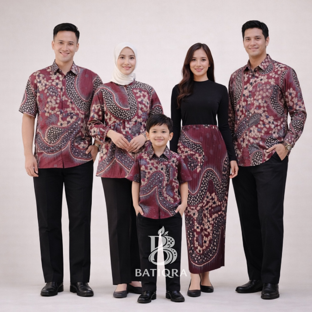 BATIQRA - Batik Couple Set Sarimbit Keluarga Motif Semeru Merah Maroon Rok Blouse Kemeja Anak