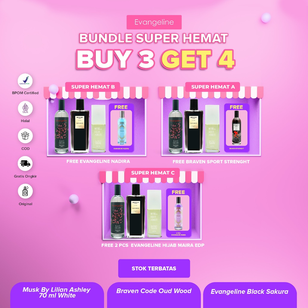 [BUY 3 GET 4] Bundle Super Hemat | Dapat 4 Botol Parfum Evangeline Black Sakura, Braven Code Oud Woo