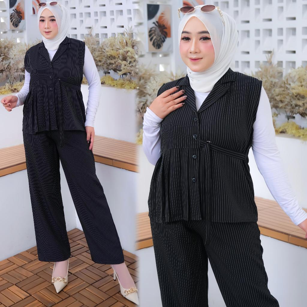 Setelan Vest Pinstripe Wanita Hijab Friendly - Baju Kantor Wanita Set Elegan