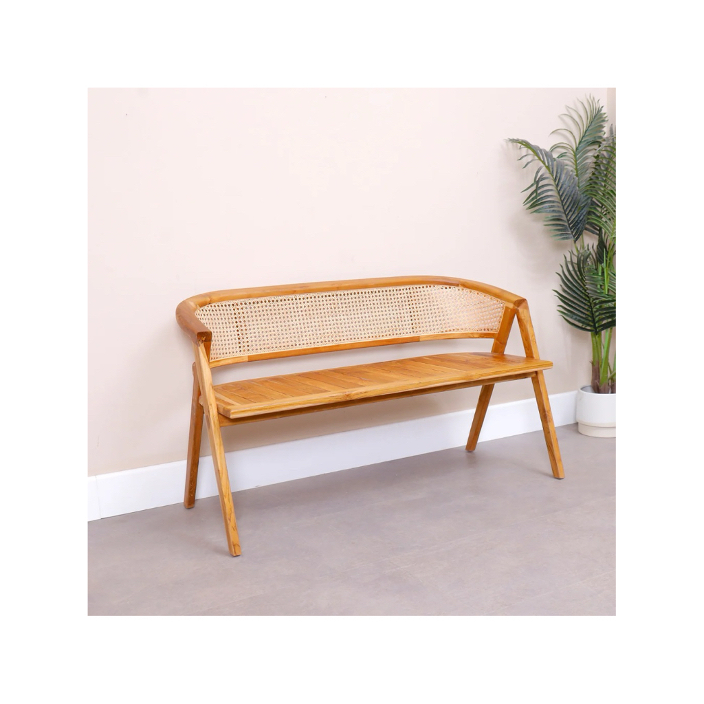 Bangku Cafe Panjang Jati Mix Rotan // Bangku Kayu Jati Dengan Sandaran Rotan