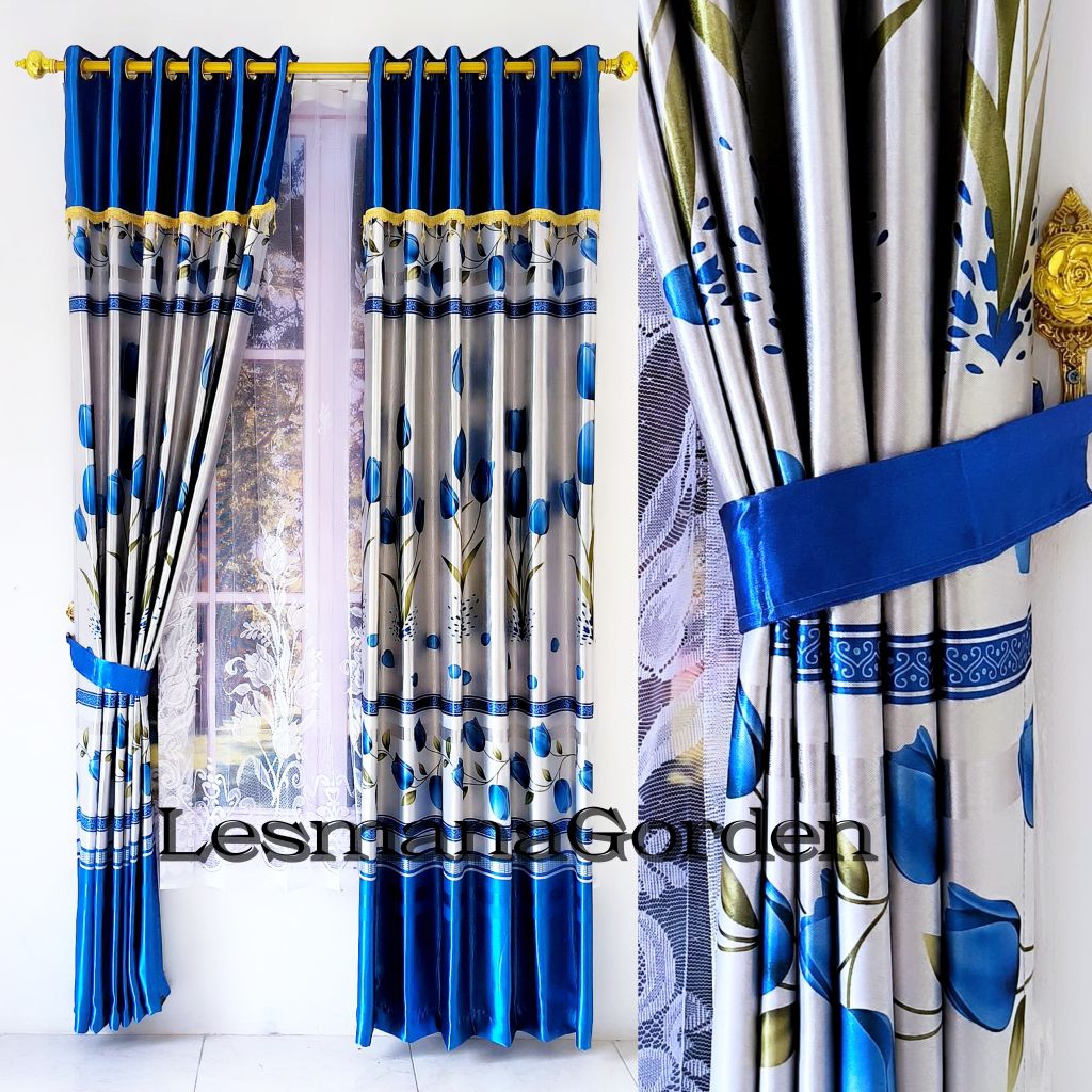 gorden poni tempel bahan kain blackout tebal motif bunga tulip smokring 6gelombang