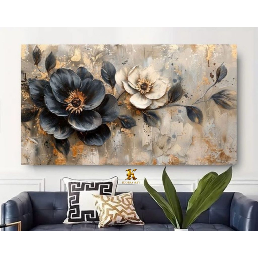 Lukisan Hiasan Dinding Bunga Putih Hitam Gold Aesthetic Modern