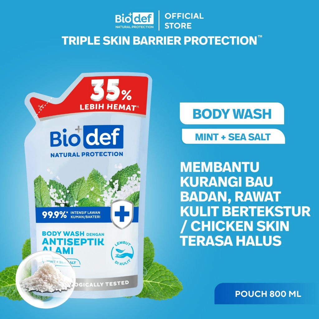 Biodef Natural Protection Mint + Sea Salt Body Wash Antiseptik Alami Pouch 800 ml | Sabun Mandi Cair