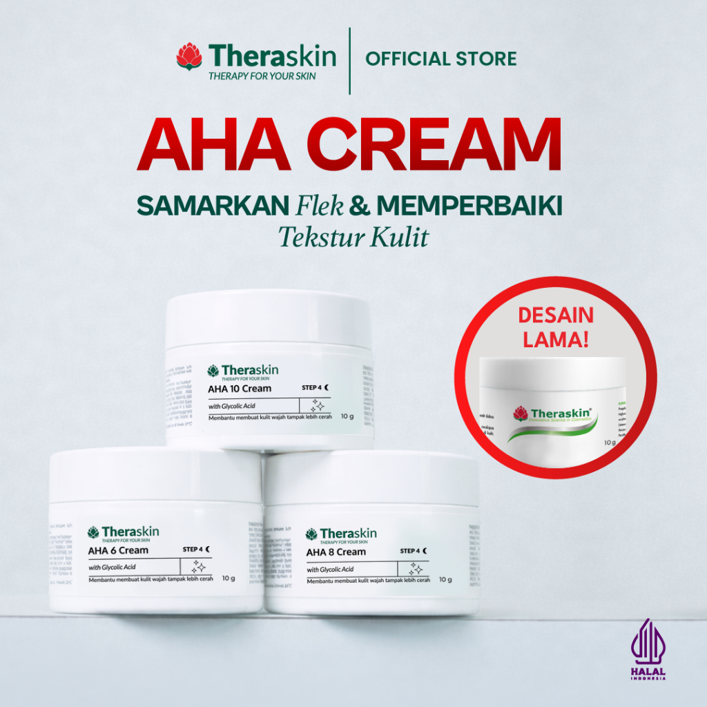 Theraskin BPOM AHA Cream – Krim Malam Glycolic Acid 6%, 8%, 10% untuk Mengeksfoliasi, Mencerahkan, &