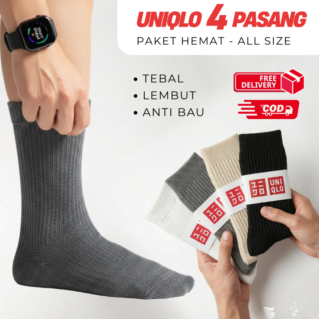 Kaos Kaki Uniqlo Premium Sport Polos Basic Socks Tebal Hangat Pria Wanita All Size - Paket 4 Pcs