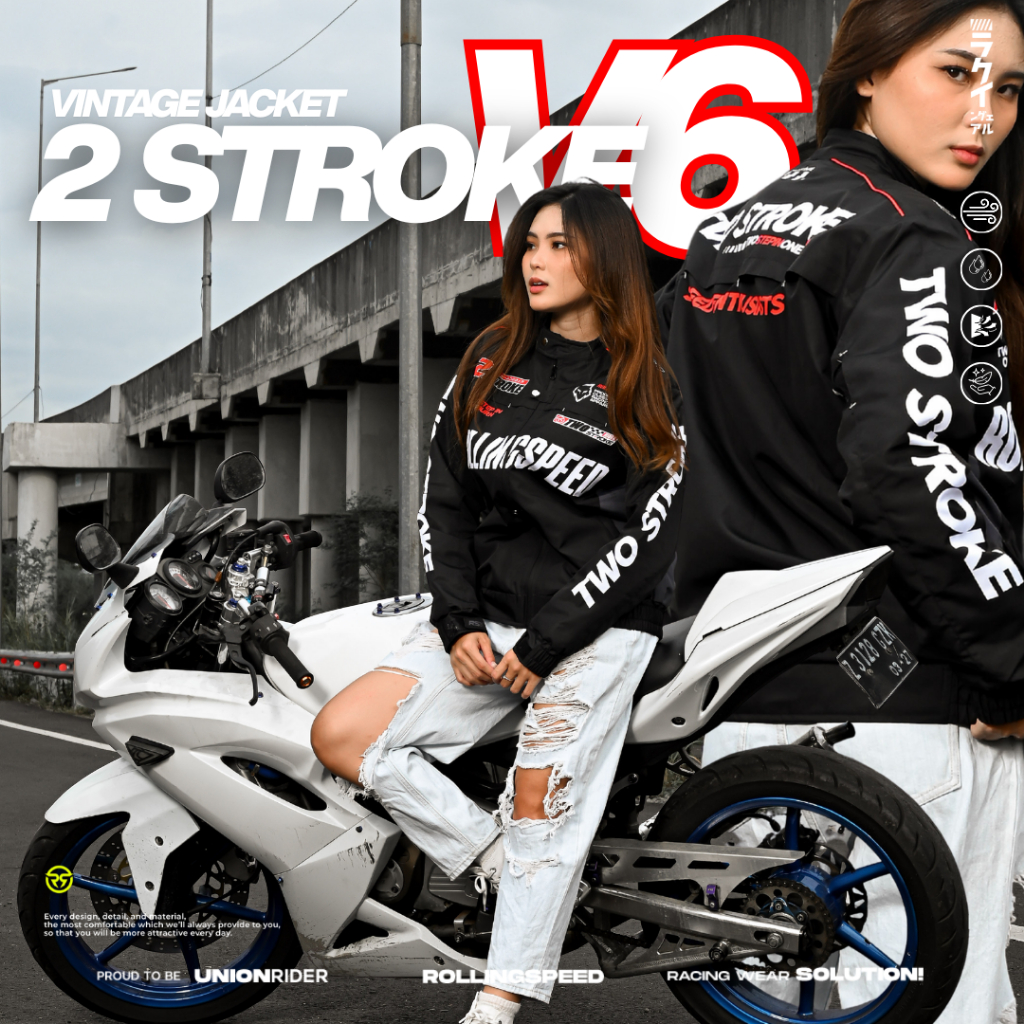 Rollingspeed Jacket New Vintage 2 Stroke V6 Black - Jaket Anti Air Anti Angin