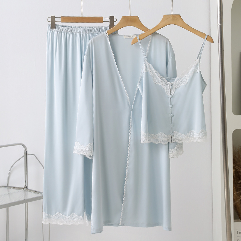 Diane Sally Piyama 3in1 Set Tank Top Celana Panjang Kimono Premium Renda Lace Ice Silk - Baju Tidur 