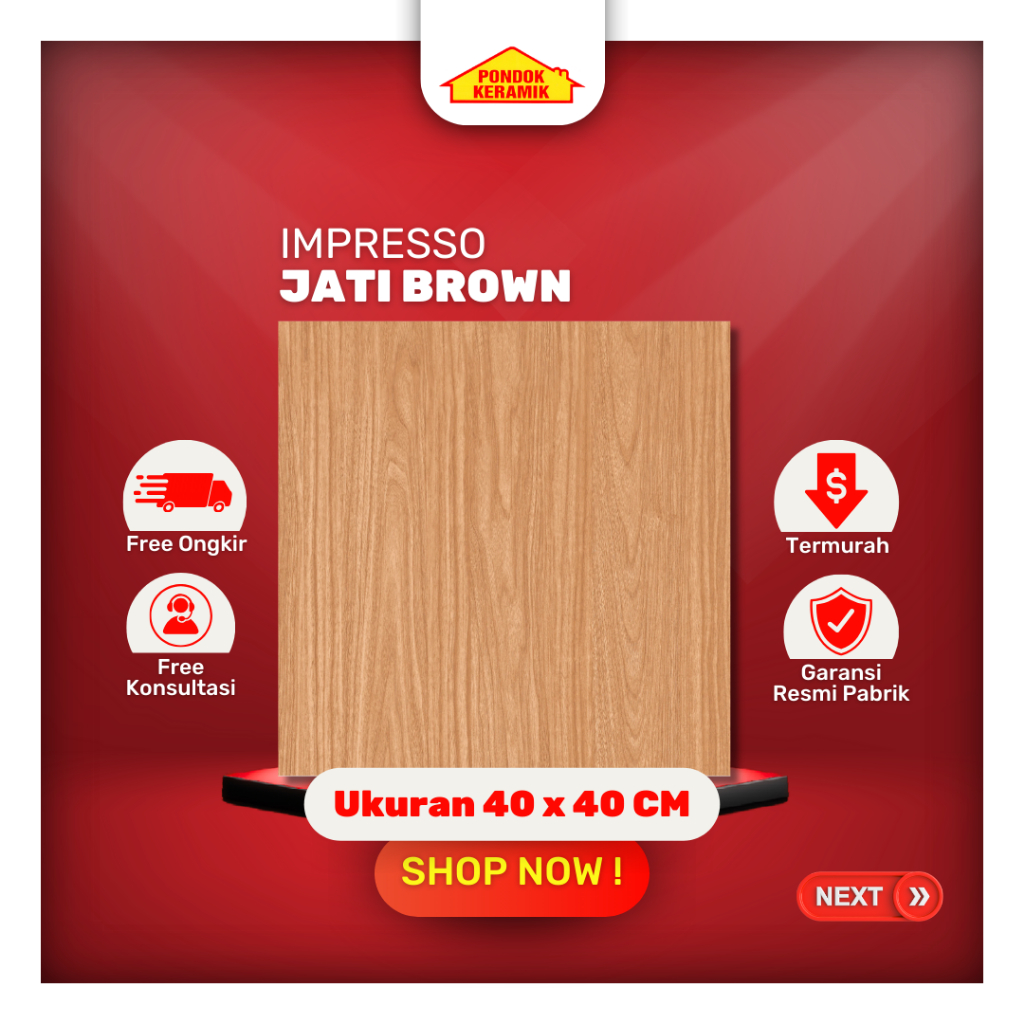 Keramik Lantai 40x40 Jati Brown Motif Kayu Permukaan Glossy Halus