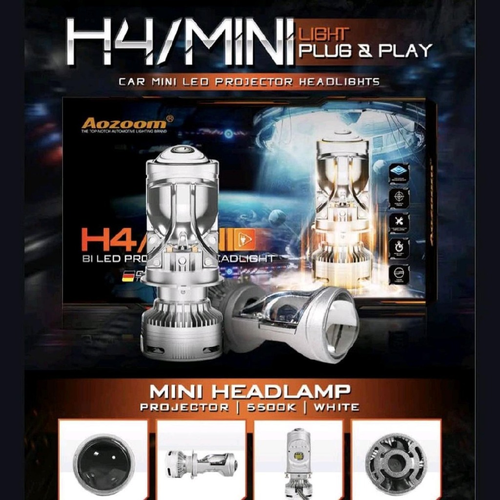 AOZOOM H4 Mini Bi-LED Projector Plug & Play | Lampu Depan H4 6000K Super Terang Low High Beam