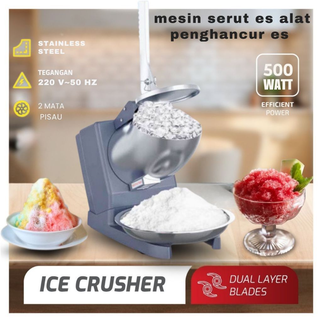 Mesin Es Serut Ice Crusher 2 Mata Pisau 500W Stainless Steel 27,5x18x22cm Mesin Pembuat Es Serut