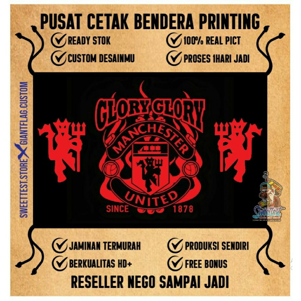 BENDERA 200x300cm, FREE FLAG, STICKER, KUPON BERHADIAH, PUSAT CETAK, BENDERA PRINTING MANCHESTER UNI
