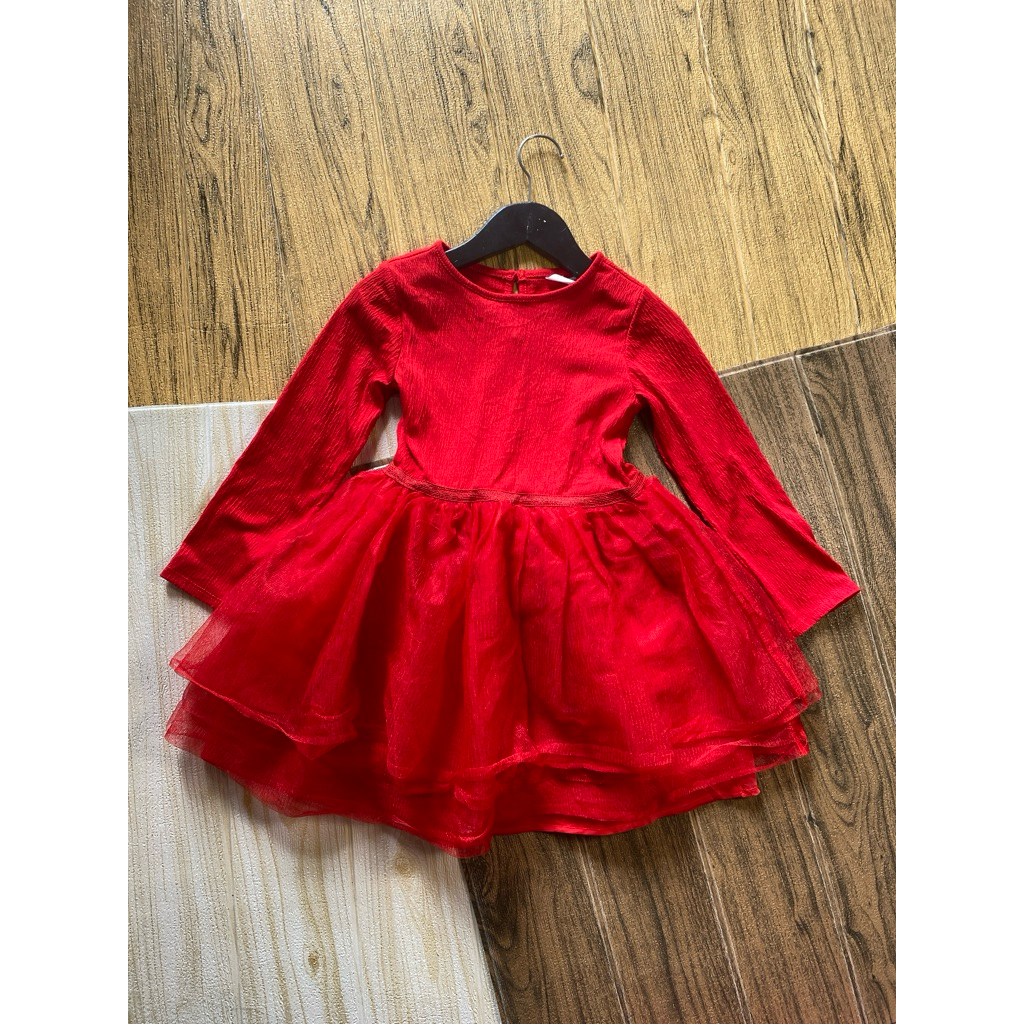 gaun dres dress kembang megar umpak tutu lengan panjang lidi anak cewek perempuan merah branded HnM 