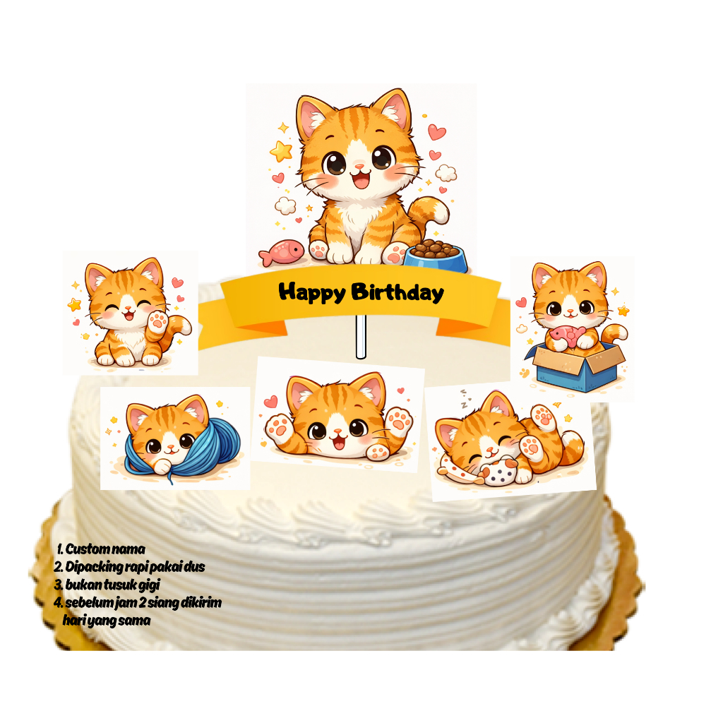 topper cake kucing/ cat, hiasan kue happy birthday