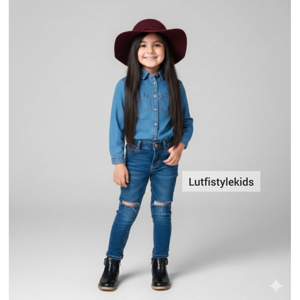 Celana Jeans Anak Perempuan Sobek Lutut Warna Biru Tua Darkblue Soft Stretch Denim Ripped Sobek Ukur