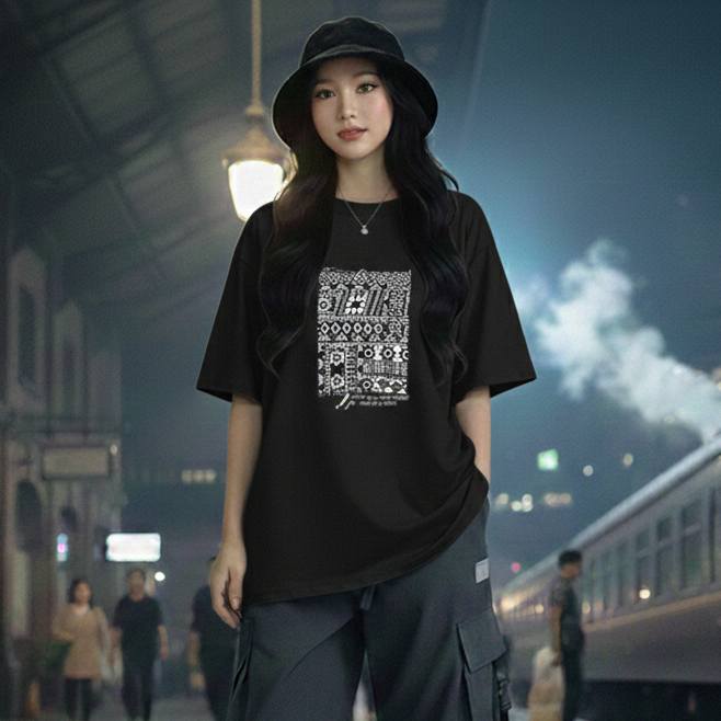 Kaos oversize wanita korean style lengan pendek batik putih
