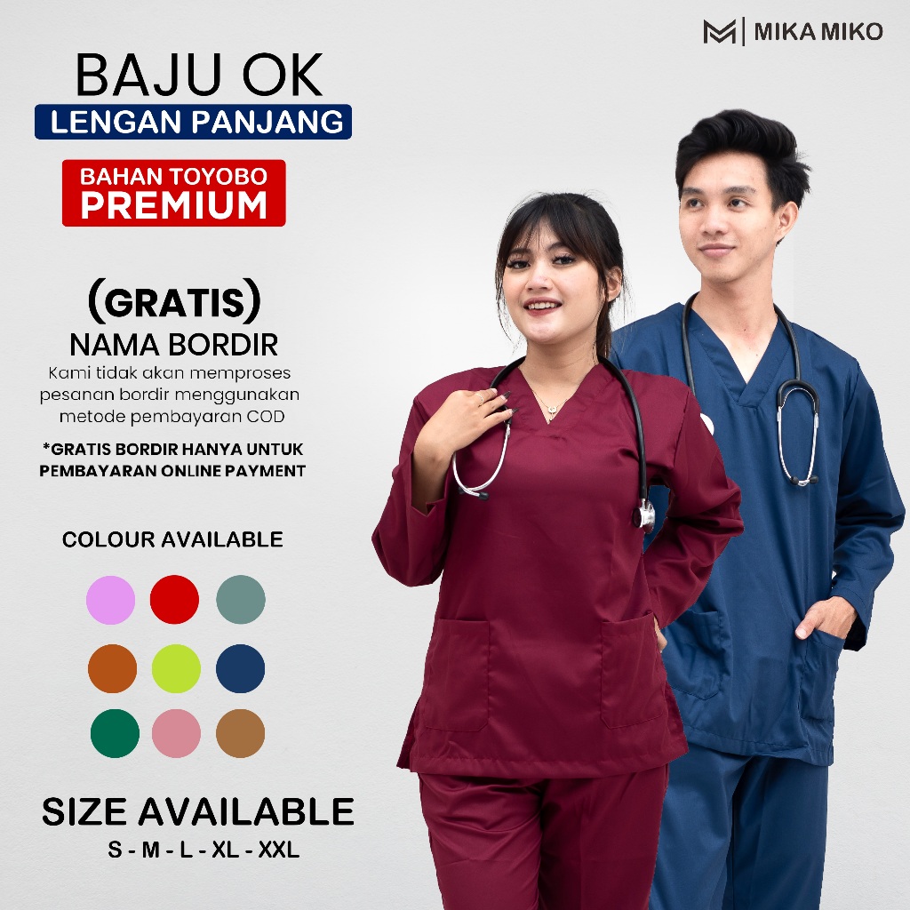 Baju OK DOKTER [GRATIS BORDIR NAMA] BAJU OKA Lengan Panjang SCRUB PERAWAT Stenen BIDAN