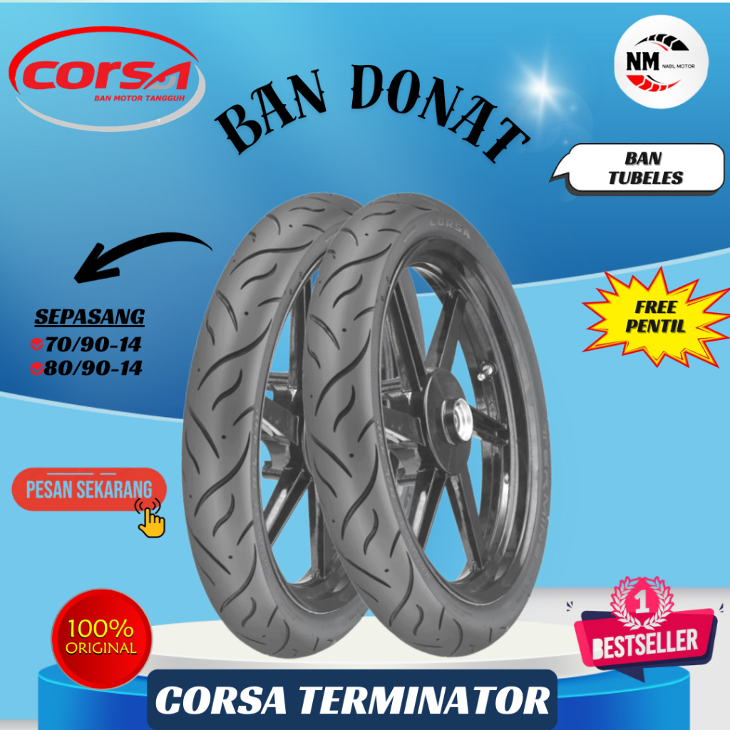 Paket Ban Corsa terminator 70/90-14 Dan 80/90-14 Ring 14 Matic Corsa Terminator Ban Donat Tubeless F