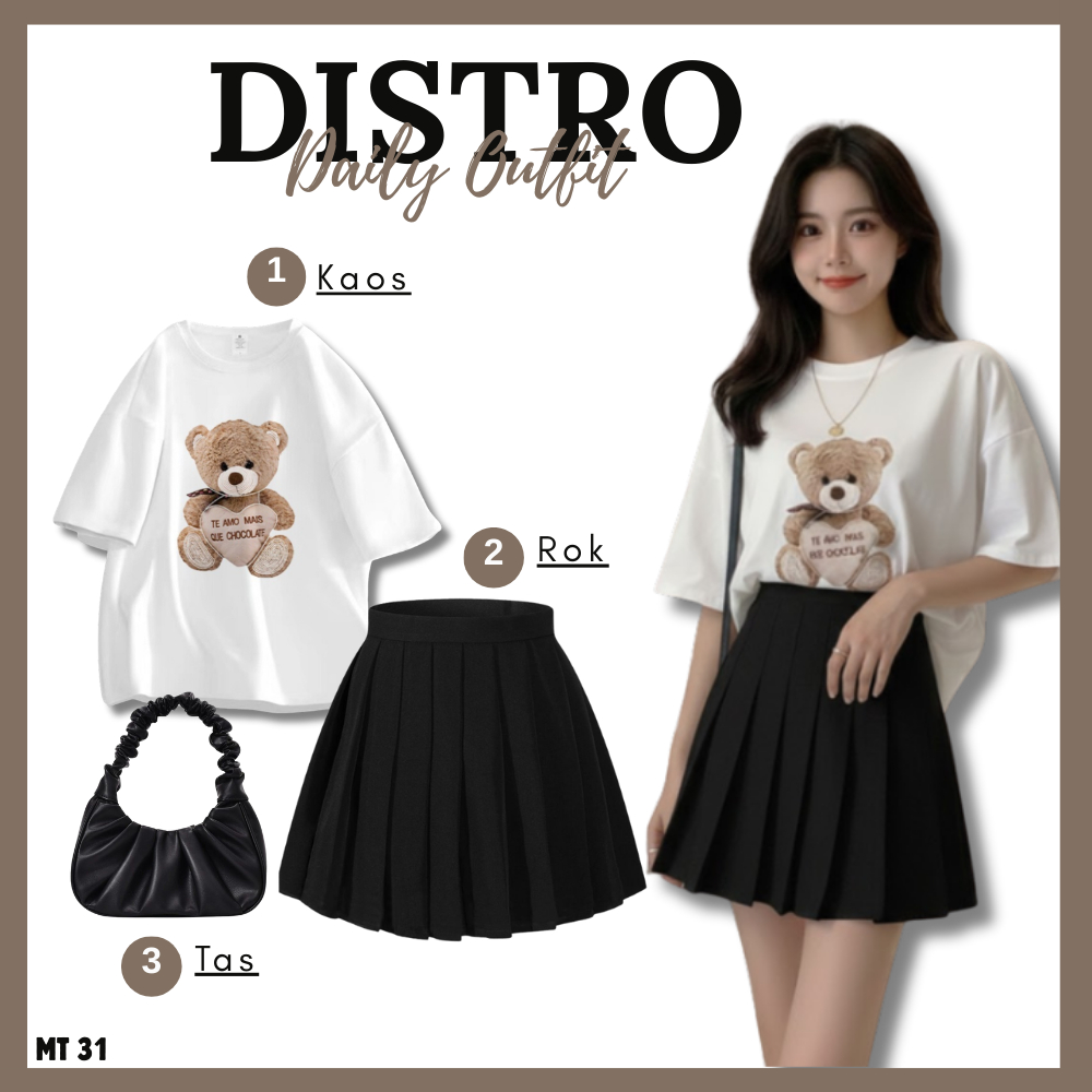 set wanita kekinian 3in1 ( Kaos Oversize , Rok Mini , Shoulder Bag ) OOTD Korean Style , Outfit Rema