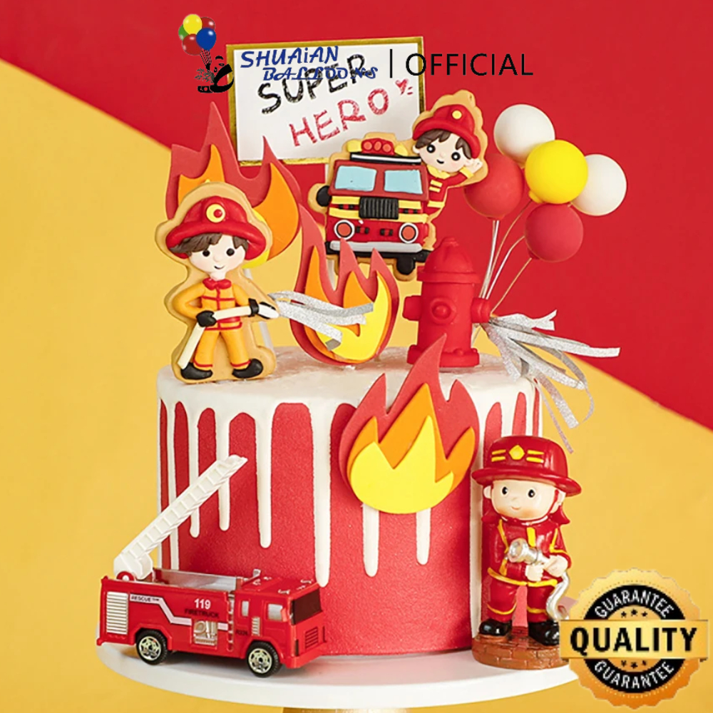 SHUAIAN Cake Topper Kue Pemadam Kebakaran Tusukan Kue Motif Pemadam Firefighter Hero Miniatur Hiasan